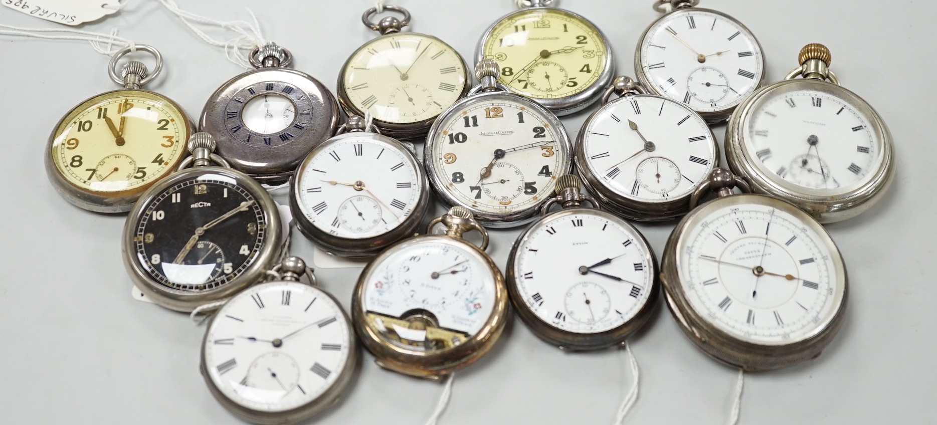 Fourteen assorted mainly base metal pocket watches including two Jaeger LeCoultre and a chronograph.